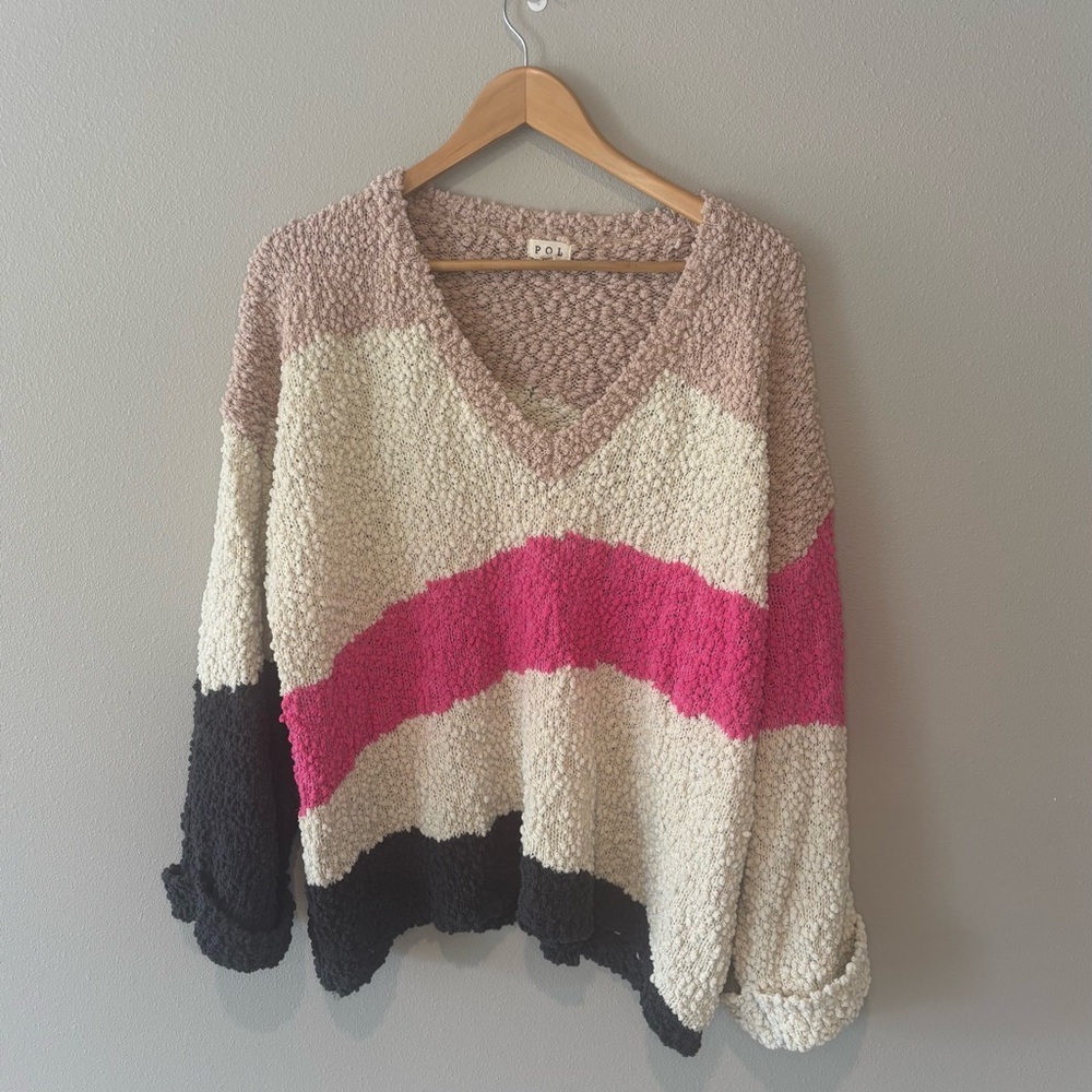 Cozy V-Neck Sweater with Pink and Cream Stripes